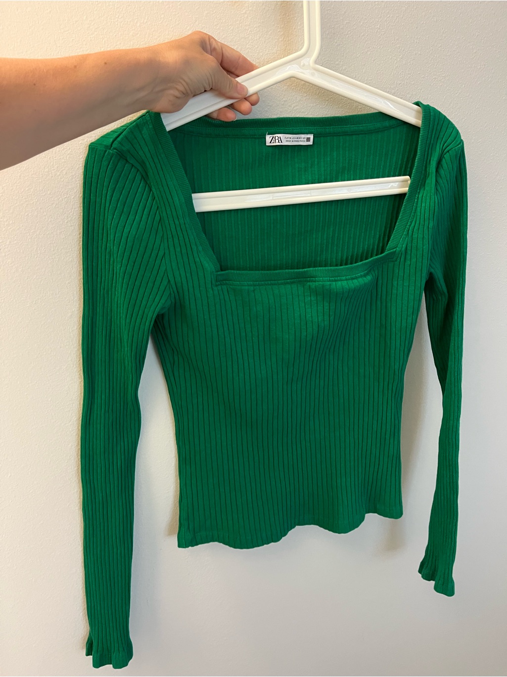 Zara Emerald Ribbed Square-Neck Long Sleeve Top